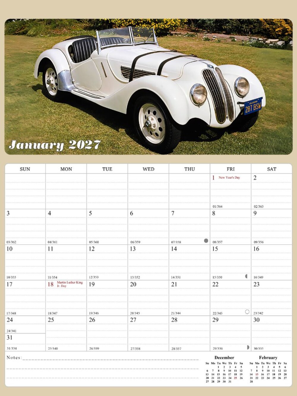 2027 Calendar Magnetic Peel & Stick 12 Months 8.5" x 11" Classic Cars